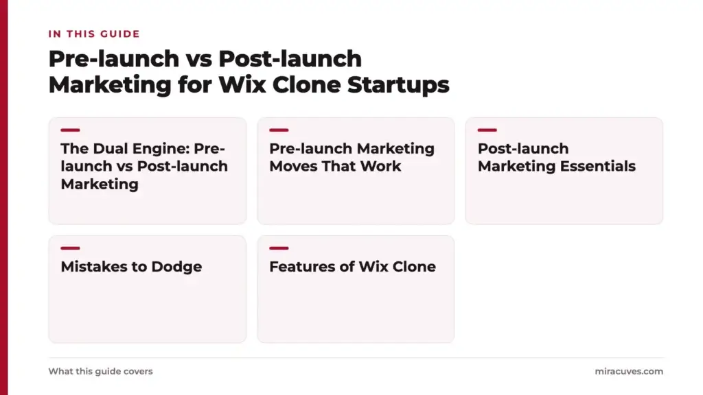 Pre-launch vs Post-launch Marketing for Wix Clone Startups 1 Pre-launch vs Post-launch Marketing for Wix Clone Startups: The Dual Engine: Pre-launch vs Post-launch Marketing, Pre-launch Marketing Moves That Work, Post-launch Marketing Essentials, Mistakes to Dodge, Features of Wix Clone