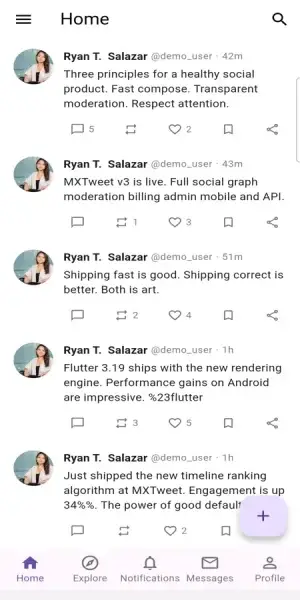 Twitter Clone Mobile Home Feed showing a chronological social feed with posts, engagement actions and bottom navigation