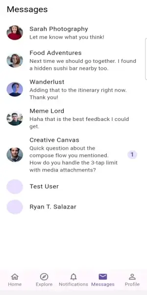 Twitter Clone Mobile Messages showing direct-message conversation list with contacts and recent message previews