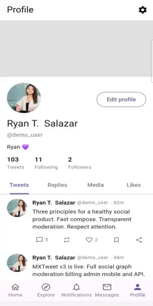 Twitter Clone Mobile User Profile showing profile photo, biography, follower totals and tabs for posts, replies, media and likes