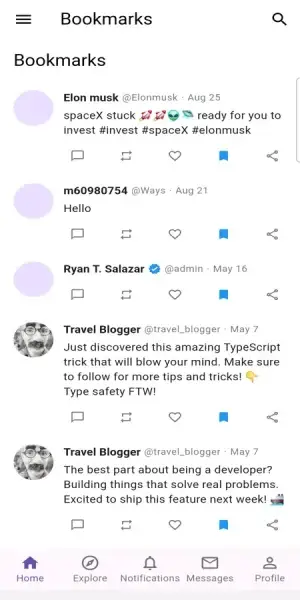 Twitter Clone Mobile Bookmarks showing saved social posts with engagement controls and search