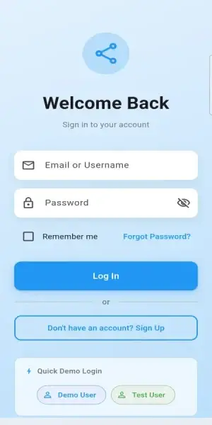 Twitter Clone Mobile Login showing email or username and password fields with account recovery and demo access