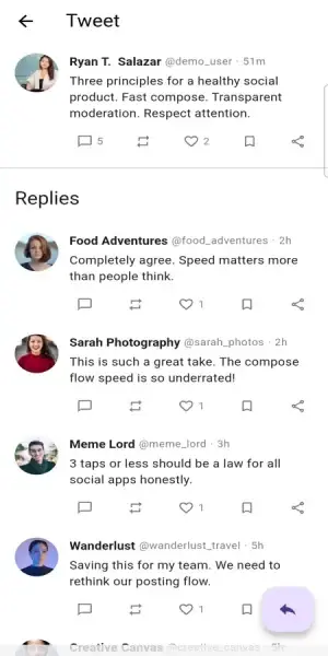 Twitter Clone Mobile Tweet Details showing a selected tweet, engagement controls and a threaded replies section