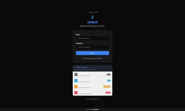 Login page with email and password access, demo account options, and a link for new user registration