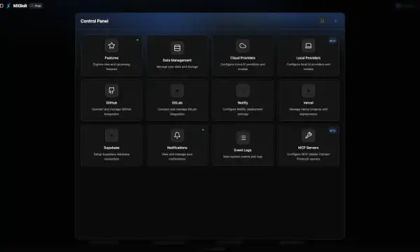 Developer control panel linking feature settings, data management, AI providers, deployment integrations, notifications, logs, and MCP servers