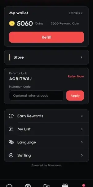 MXReelShort mobile profile showing wallet balance, refill, referral code and account shortcuts