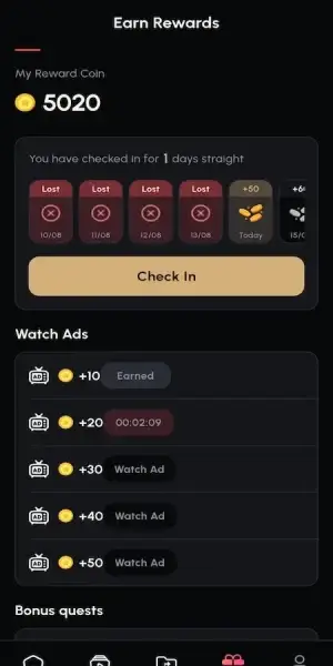 MXReelShort mobile rewards screen with daily check-in and watch-ad coin bonuses