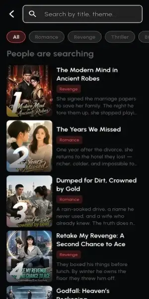 MXReelShort mobile search page with genre filters and popular drama results