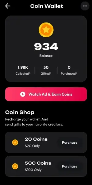 Mobile coin wallet showing balance, collected and gifted coins, purchase activity, and rewarded-ad earning access