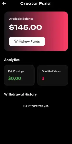 Mobile creator-fund dashboard showing available balance, withdrawals, estimated earnings, qualified views, and performance analytics