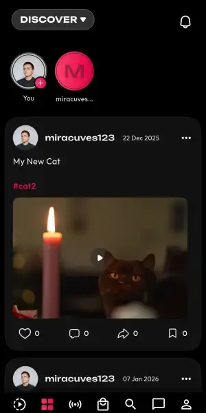 Mobile discovery feed with creator stories, user posts, hashtags, video engagement, and account navigation