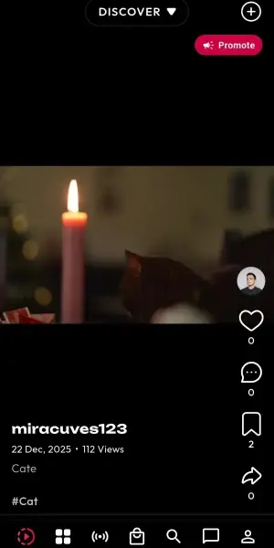 Mobile vertical-video feed with creator details, caption, engagement actions, discovery mode, and content navigation