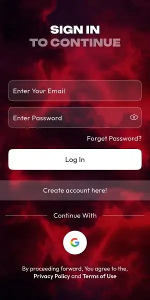Mobile sign-in screen with email, password, recovery, account registration, and alternative authentication options