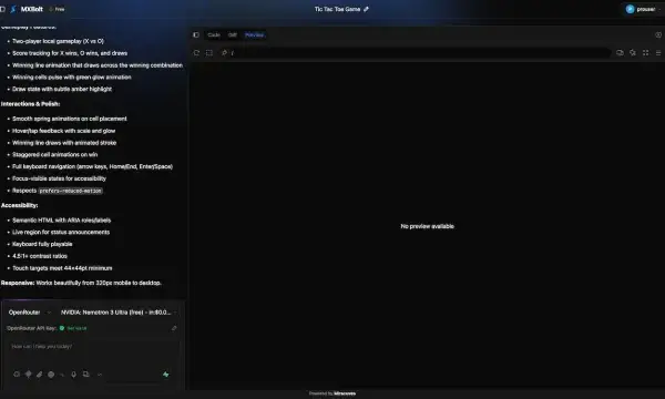 Generated application response detailing the design, interactions, accessibility, and implementation plan for a polished Tic Tac Toe game