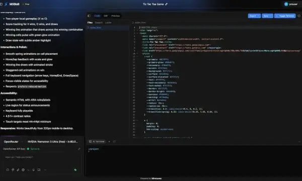 Split workspace showing a generated Tic Tac Toe application specification beside its editable source code