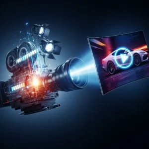 The Promotional Video Production system features a futuristic camera projecting dynamic visuals of a sports car onto a curved screen, showcasing cutting-edge digital filmmaking for impactful, modern promotional content.