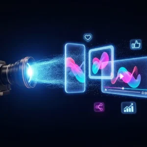 A camera lens projects digital icons like graphs, a video player, a heart, and share symbols with colorful waveforms on a dark background, visually representing Video Marketing Content Creation in the digital world.