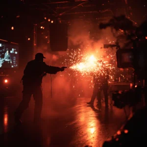 A silhouetted figure in tactical gear fires a gun, filling the dark room with vivid orange-red sparksโideal for Promotional Video Production that highlights dramatic, action-packed cinematic moments. A silhouetted figure in tactical gear fires a gun, filling the dark room with vivid orange-red sparksโideal for Promotional Video Production that highlights dramatic, action-packed cinematic moments.