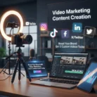 A camera, ring light, and laptop with editing software sit on a desk. A tablet and phone promote Video Marketing Content Creationโget 5 custom videos to boost your brand! Social media icons highlight content creation and marketing.
