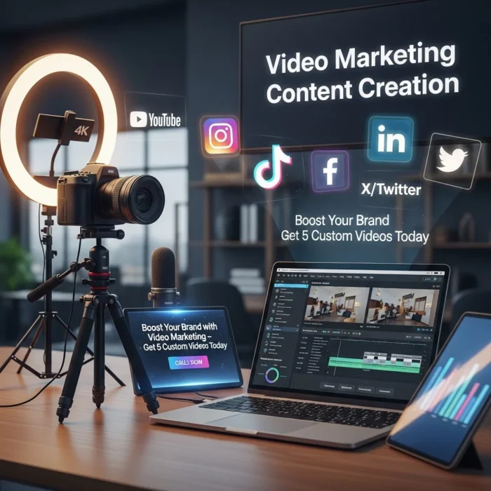A camera, ring light, and laptop with editing software sit on a desk. A tablet and phone promote Video Marketing Content Creationโget 5 custom videos to boost your brand! Social media icons highlight content creation and marketing. A camera, ring light, and laptop with editing software sit on a desk. A tablet and phone promote Video Marketing Content Creationโget 5 custom videos to boost your brand! Social media icons highlight content creation and marketing.