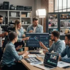 A team uses Video Marketing Content Creation in a modern office, analyzing social media metrics for Instagram and TikTok on screens and a board as two people film, highlighting strategic content planning.