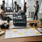 A modern office features a laptop running Video Marketing Content Creation software, a camera, microphone, and storyboard papers on the desk. A diverse team collaborates on content and social media strategy by a whiteboard with city views outside.