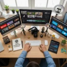 A person sits at a neat desk using Video Marketing Content Creation: three monitors show social media, video editing, and analytics. Cameras, mics, ring lights, plants, and a โVideo Marketing Strategyโ notepad complete the workspace.