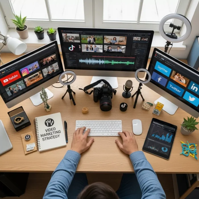 A person sits at a neat desk using Video Marketing Content Creation: three monitors show social media, video editing, and analytics. Cameras, mics, ring lights, plants, and a โVideo Marketing Strategyโ notepad complete the workspace. A person sits at a neat desk using Video Marketing Content Creation: three monitors show social media, video editing, and analytics. Cameras, mics, ring lights, plants, and a โVideo Marketing Strategyโ notepad complete the workspace.