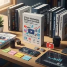 A desk with the essentials for video marketing: cameras, a smartphone, colored sticky notes, a tablet, and "Video Marketing Content Creation"โa book featuring social media logos and analytic icons.