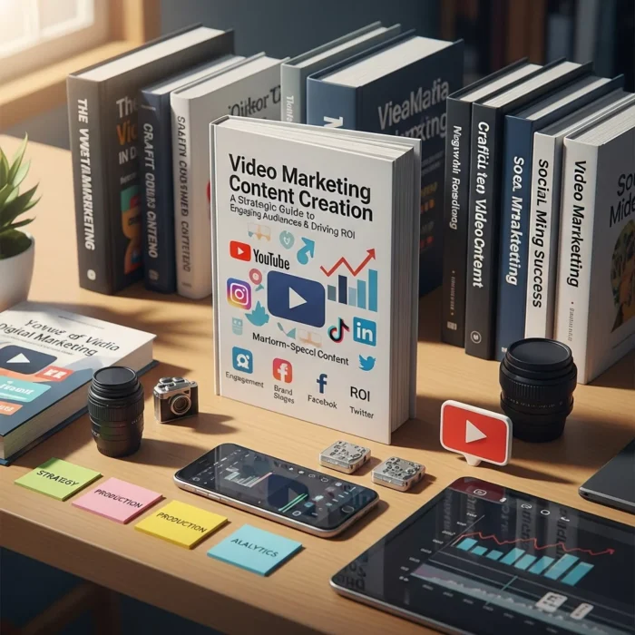 A desk with the essentials for video marketing: cameras, a smartphone, colored sticky notes, a tablet, and "Video Marketing Content Creation"โa book featuring social media logos and analytic icons. A desk with the essentials for video marketing: cameras, a smartphone, colored sticky notes, a tablet, and "Video Marketing Content Creation"โa book featuring social media logos and analytic icons.