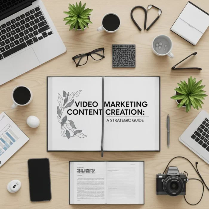 A desk with a laptop, camera, smartphone, plants, coffee cups, office supplies, and open books. The main book reads "Video Marketing Content Creation," highlighting a tidy workspace for content creation and video marketing. A desk with a laptop, camera, smartphone, plants, coffee cups, office supplies, and open books. The main book reads "Video Marketing Content Creation," highlighting a tidy workspace for content creation and video marketing.