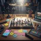 A desk displays cameras, a laptop editing video, a smartphone with social media apps, content-themed sticky notes, a microphone, and an open magazine showing video production. "Video Marketing Content Creation" is centered above.