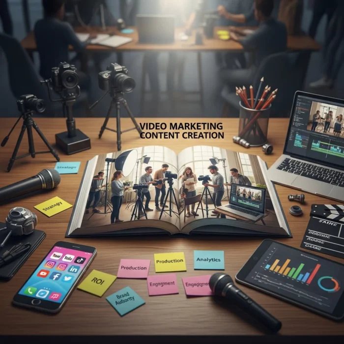 A desk displays cameras, a laptop editing video, a smartphone with social media apps, content-themed sticky notes, a microphone, and an open magazine showing video production. "Video Marketing Content Creation" is centered above. A desk displays cameras, a laptop editing video, a smartphone with social media apps, content-themed sticky notes, a microphone, and an open magazine showing video production. "Video Marketing Content Creation" is centered above.