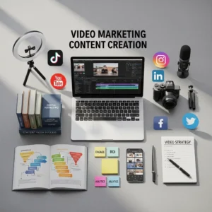 A workspace featuring a laptop with video editing software, camera, mic, ring light, books on content creation and video marketing, social media icons, planner, sticky notes, and a strategy sheetโhighlighting Video Marketing Content Creation. A workspace featuring a laptop with video editing software, camera, mic, ring light, books on content creation and video marketing, social media icons, planner, sticky notes, and a strategy sheetโhighlighting Video Marketing Content Creation.