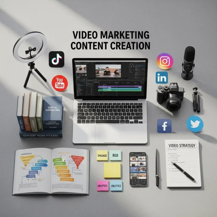A workspace featuring a laptop with video editing software, camera, mic, ring light, books on content creation and video marketing, social media icons, planner, sticky notes, and a strategy sheetโhighlighting Video Marketing Content Creation. A workspace featuring a laptop with video editing software, camera, mic, ring light, books on content creation and video marketing, social media icons, planner, sticky notes, and a strategy sheetโhighlighting Video Marketing Content Creation.