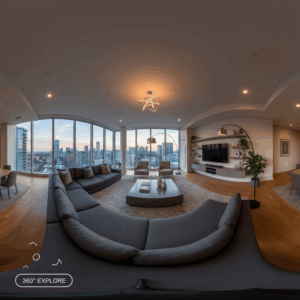 A modern living room with floor-to-ceiling windows offers a stunning city skyline and is ideal for using 360-Degree Photography. The gray sectional, indoor plant, and soft lighting create a cozy atmosphere as sunset fills the space.