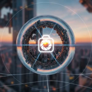 A glowing camera icon marks the center of a futuristic city at sunset, viewed through a circular lens with a vortex effect—capturing the immersive experience of 360-Degree Photography.