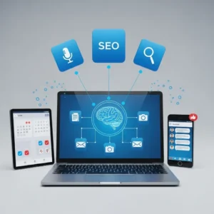 A laptop with digital icons connects to floating blocks labeled SEO, microphone, and magnifying glass, showcasing AI-Powered Content Generation. Nearby, a tablet shows a calendar and a smartphone displays chat messages on a light gray background.