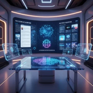 A futuristic control room with transparent screens showcases AI-Powered Content Generation, displaying digital brain graphics, dynamic charts, and news updates, all illuminated by blue and purple neon lights that highlight advanced AI technology at work.