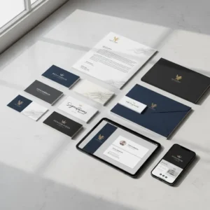 The Business Card & Stationery Design set displays elegant letterheads, business cards, envelopes, and devices on a white surface—all unified by a gold eagle logo and a refined navy, white, and gold color palette.