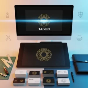 A modern workspace displays the Business Card & Stationery Design product, featuring a gold geometric "TASGN" logo on computer and tablet screens, with cards, notebook, pen, ruler, cutting tool, green grid mat, and light icons in the background.
