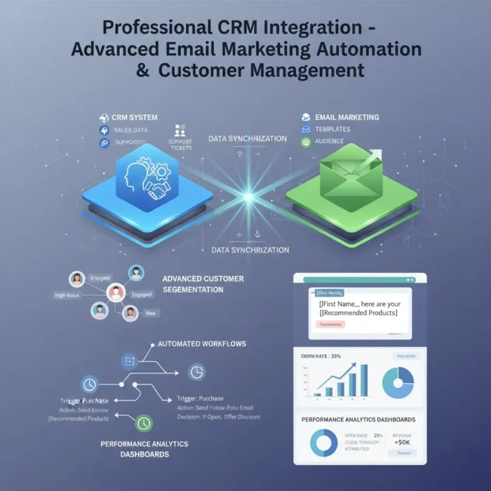 Infographic of CRM Integration for Email Marketing shows icons for customer segmentation, automated workflows, and analytics dashboards. Arrows depict data sync and automation, boosting campaign effectiveness and customer management.