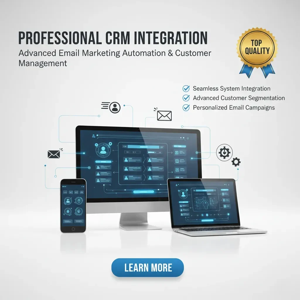 A smartphone, monitor, and laptop display CRM Integration for Email Marketing dashboards. Icons for email, user, and settings float around. Text: “CRM Integration for Email Marketing—Advanced Automation & Customer Management.” Blue “Learn More” button below.
