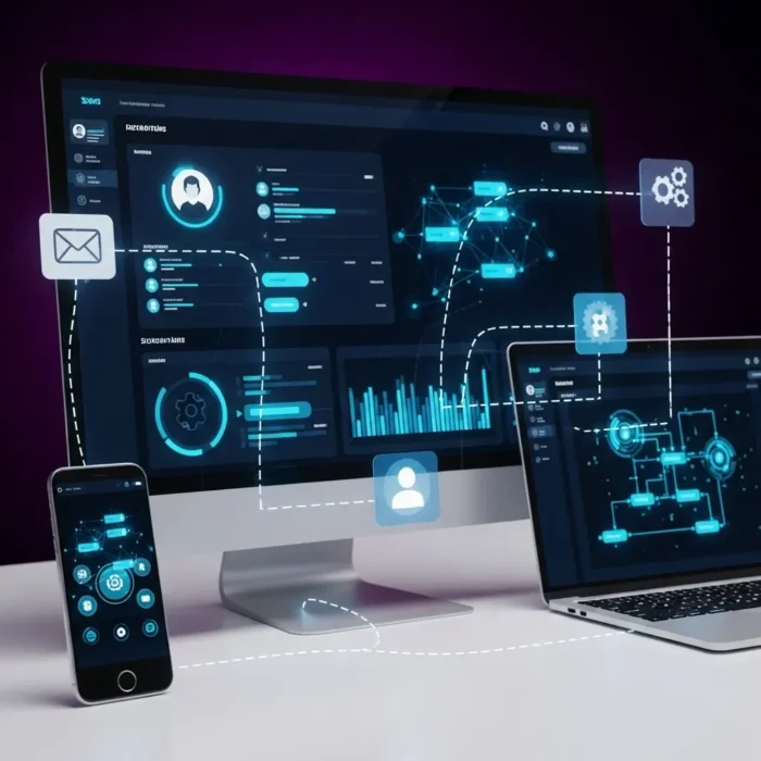 The CRM Integration for Email Marketing connects desktop, laptop, and smartphone screens featuring icons for email marketing, user profiles, settings, and analytics to streamline workflow automation in a modern workspace.