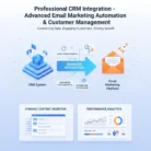 Infographic for CRM Integration for Email Marketing: left—CRM icon; right—email envelope; center arrow says “Seamless Integration.” Below: “Dynamic Content Insertion” with contact list, “Performance Analytics” with charts and graphs.