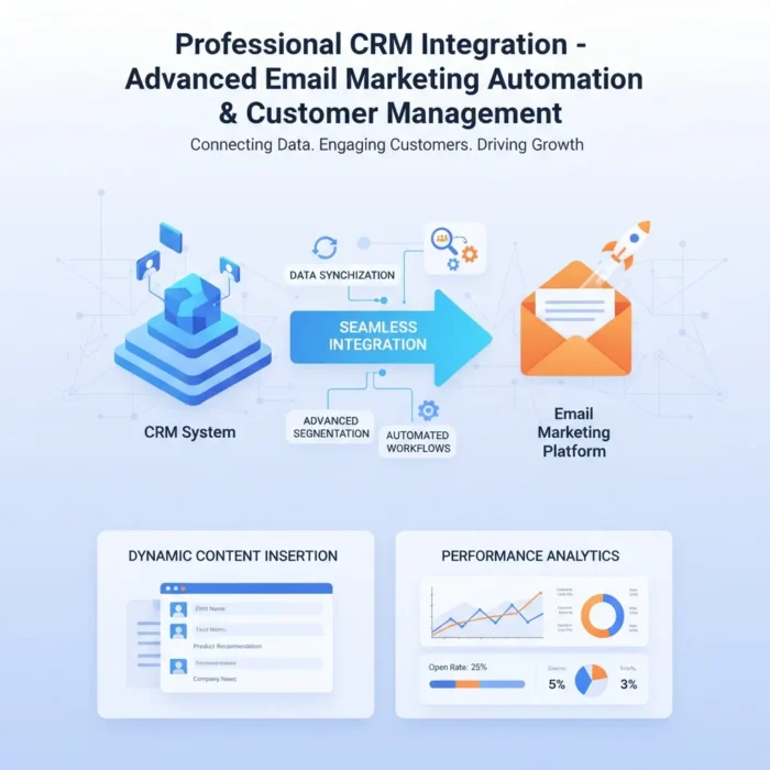 Infographic for CRM Integration for Email Marketing: left—CRM icon; right—email envelope; center arrow says “Seamless Integration.” Below: “Dynamic Content Insertion” with contact list, “Performance Analytics” with charts and graphs.