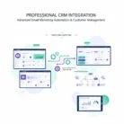 Diagram showing “CRM Integration for Email Marketing” with five screens: data dashboards, customer profiles, segmentation, workflow automation, and analytics. Green arrows and gears emphasize integration with email marketing and process automation.