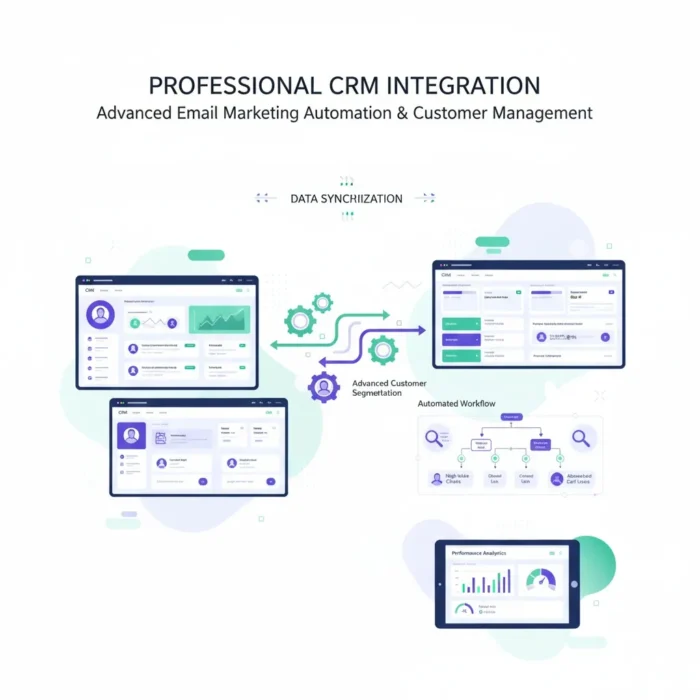 Diagram showing “CRM Integration for Email Marketing” with five screens: data dashboards, customer profiles, segmentation, workflow automation, and analytics. Green arrows and gears emphasize integration with email marketing and process automation.