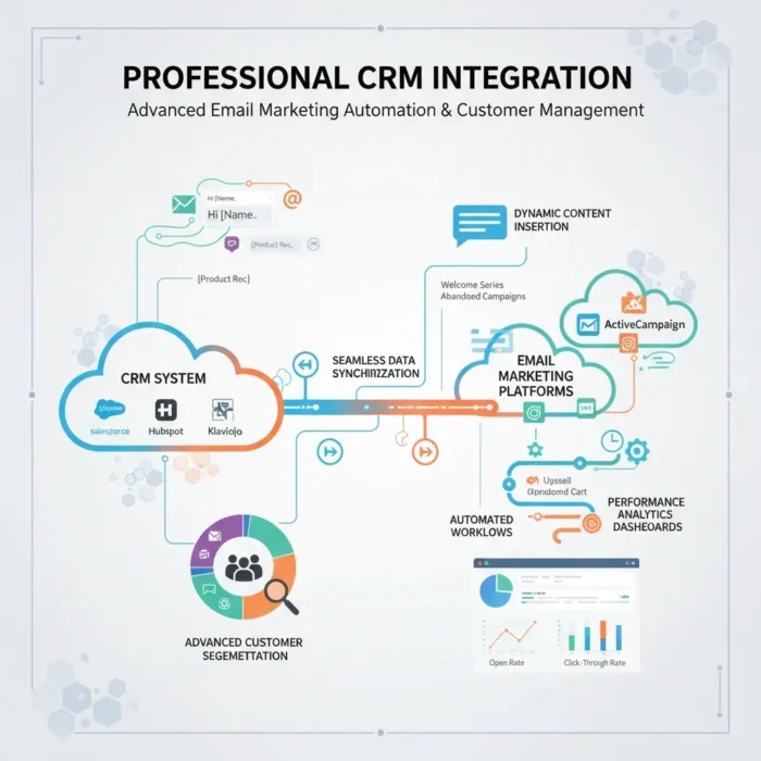 Infographic showcasing CRM Integration for Email Marketing with seamless data sync, segmentation, automated workflows, analytics, and content insertion. Features logos of Salesforce, Hubspot, Klaviyo, and ActiveCampaign.