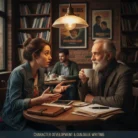 A young woman gestures animatedly while talking with an older, bearded man over coffee at a cafe table, notebooks open. Bookshelves and vintage posters frame them. The text reads: “Character Development & Dialogue Writing.”.
